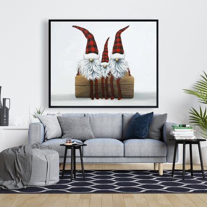 Rustic Pattern Holidays Framed Canvas - Three Christmas Gnomes