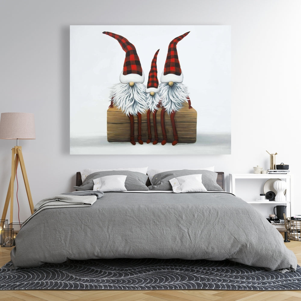 Three Christmas Gnomes White Canvas | Festive Bedroom Decor