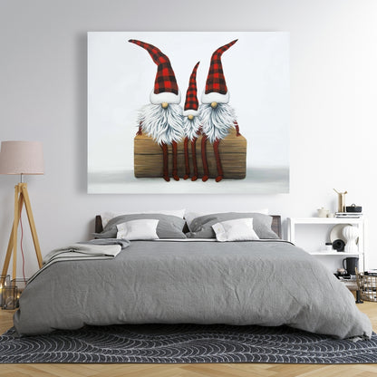 Three Christmas Gnomes White Canvas | Festive Bedroom Decor