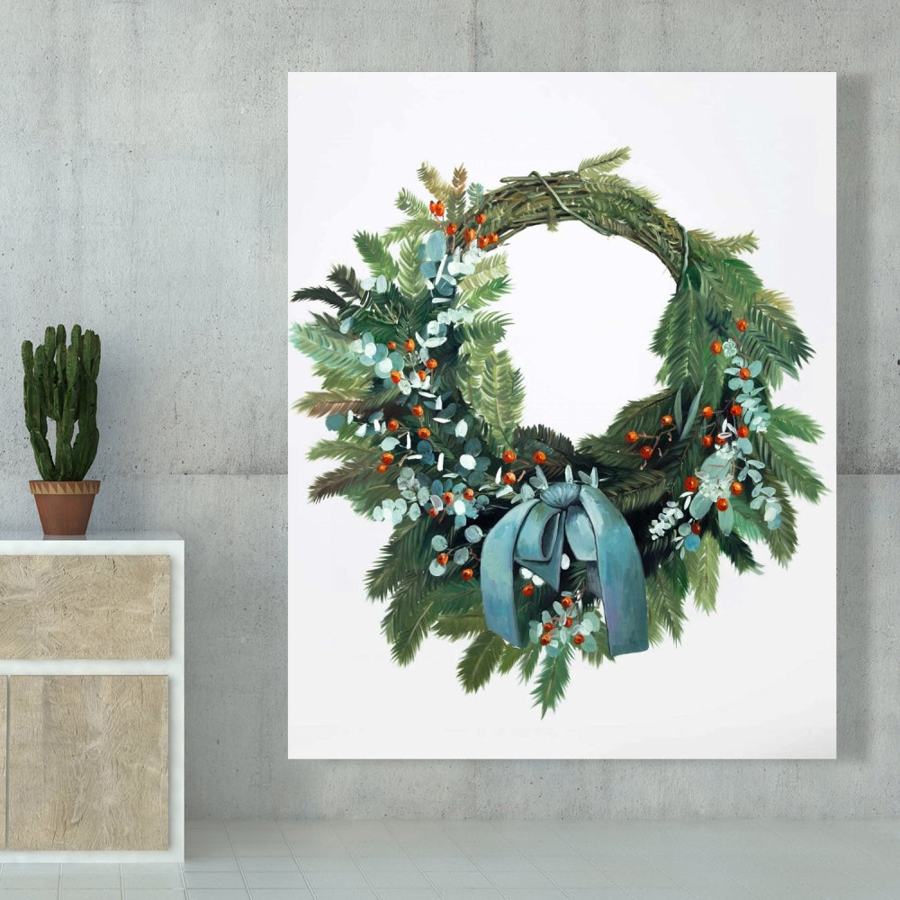Christmas Wreath Botanical Green Canvas - Holiday Home Decor