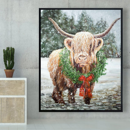 Décoration de cuisine blanche en toile représentant une vache de Noël des Highlands