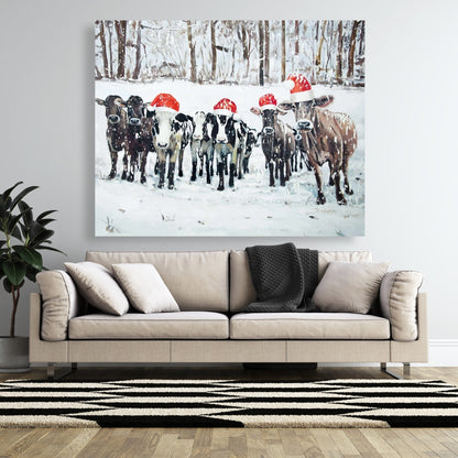 Curious Christmas Cows Canvas | Rustic Farm Animal Decor