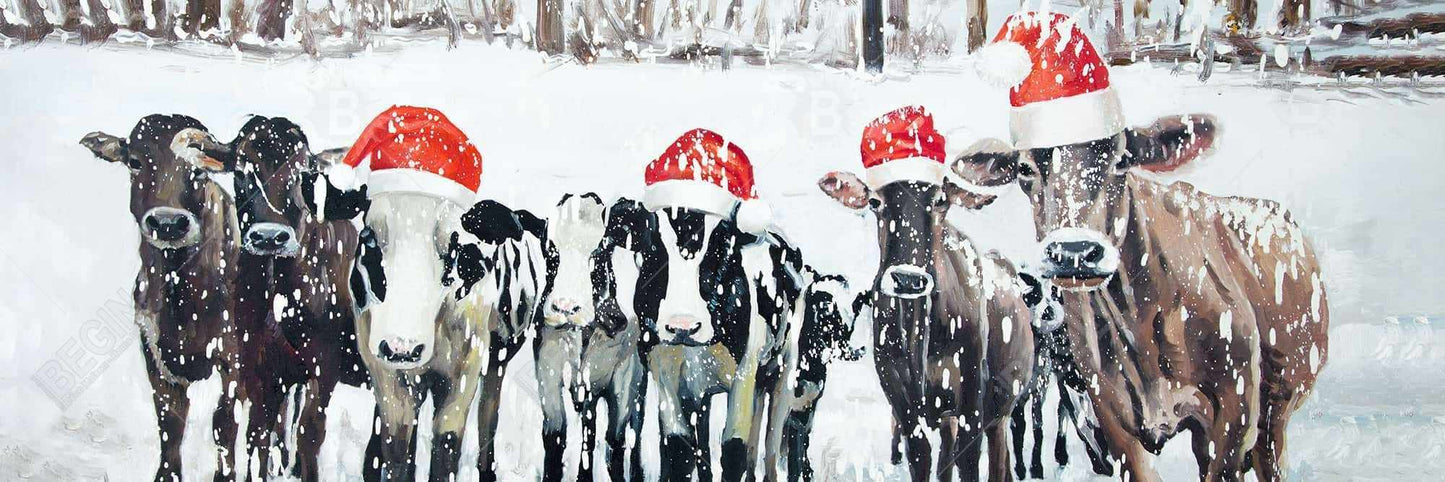 Toile « Vaches curieuses de Noël » | Décoration murale rustique avec animaux de la ferme