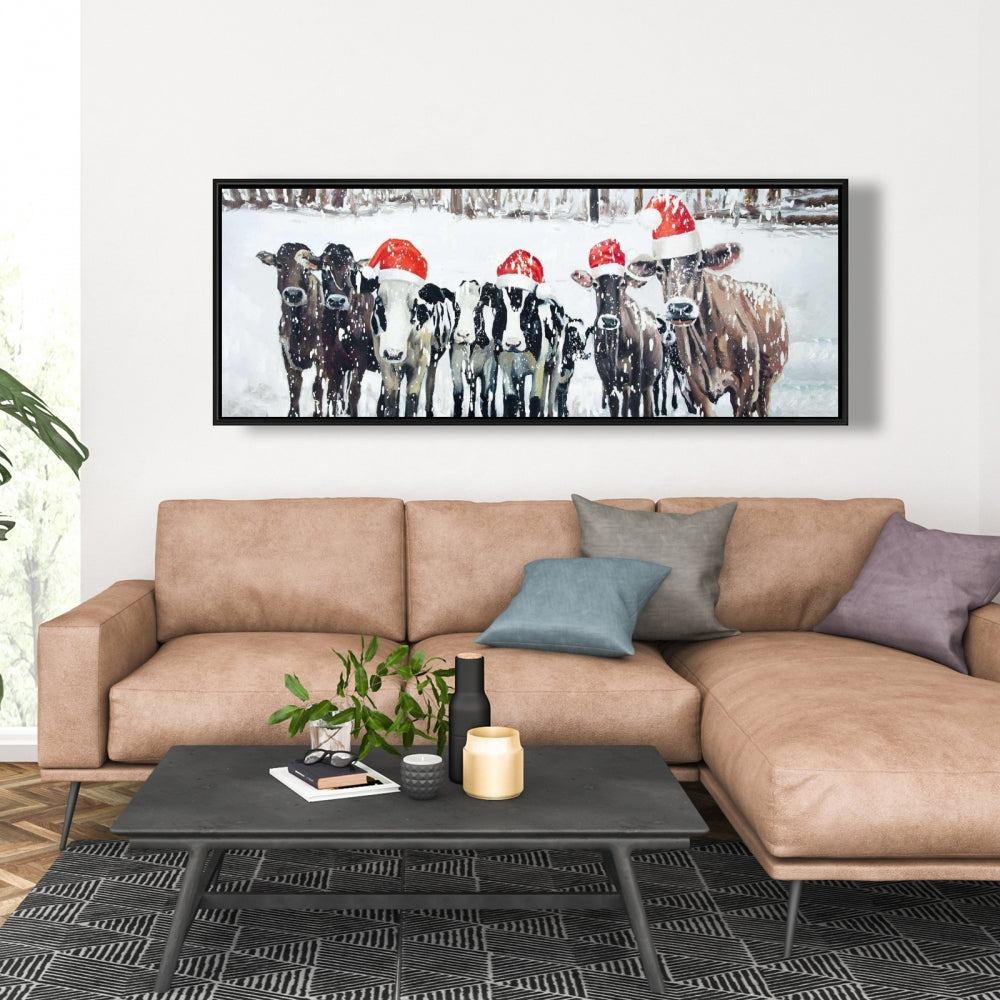 Toile « Vaches curieuses de Noël » | Décoration murale rustique avec animaux de la ferme