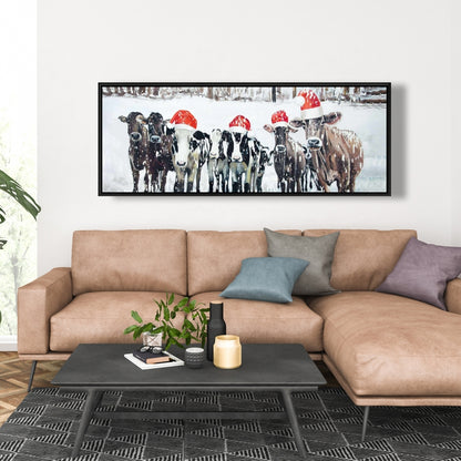 Toile « Vaches curieuses de Noël » | Décoration murale rustique avec animaux de la ferme