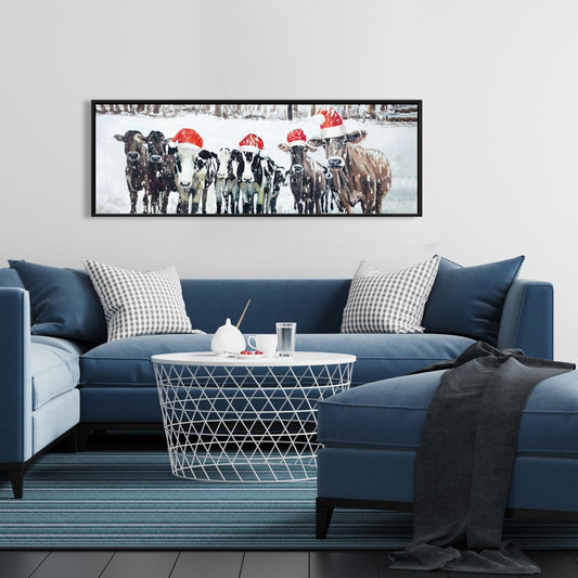 Toile « Vaches curieuses de Noël » | Décoration murale rustique avec animaux de la ferme
