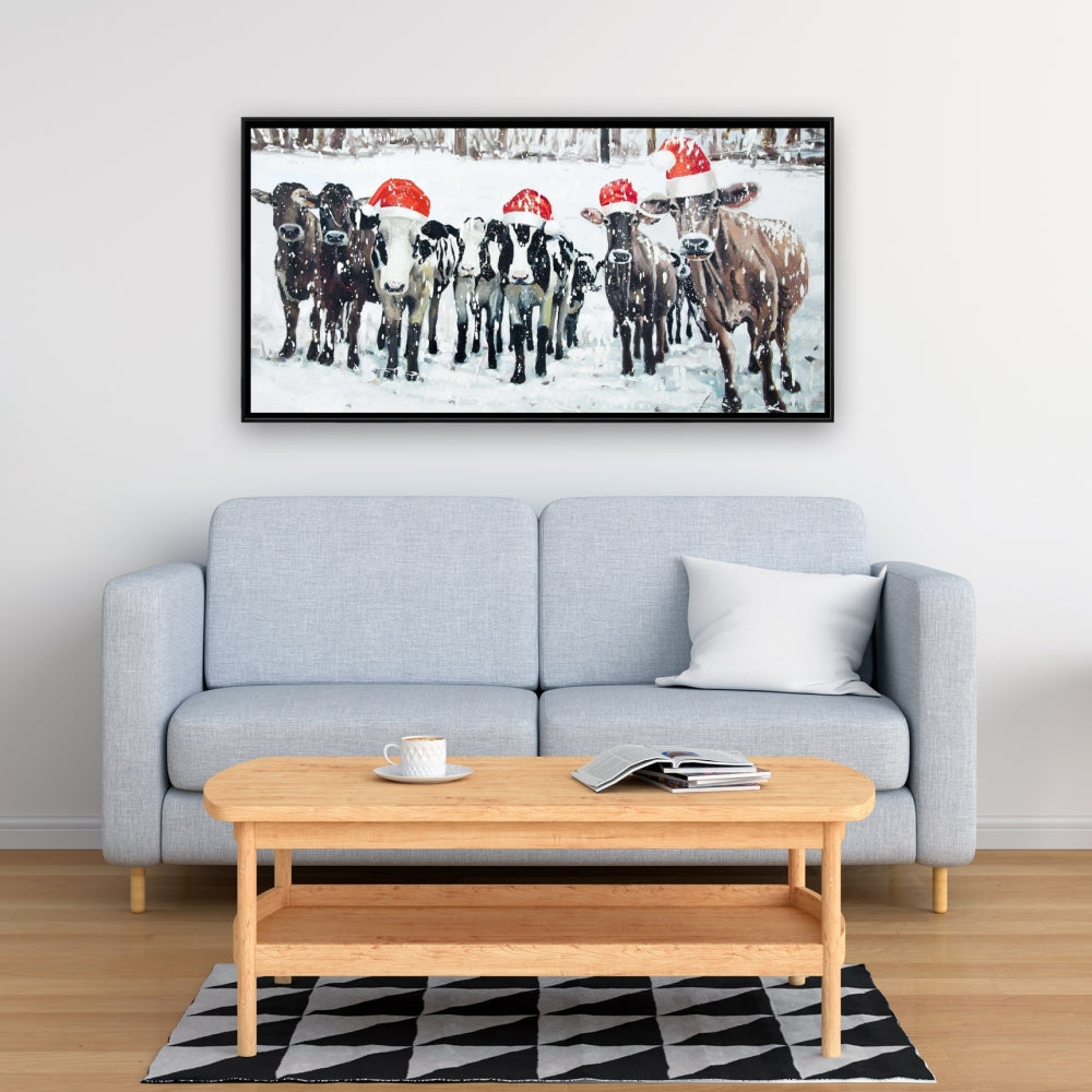 Toile « Vaches curieuses de Noël » | Décoration murale rustique avec animaux de la ferme