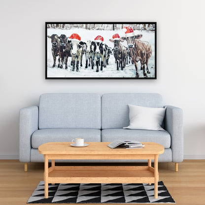 Toile « Vaches curieuses de Noël » | Décoration murale rustique avec animaux de la ferme