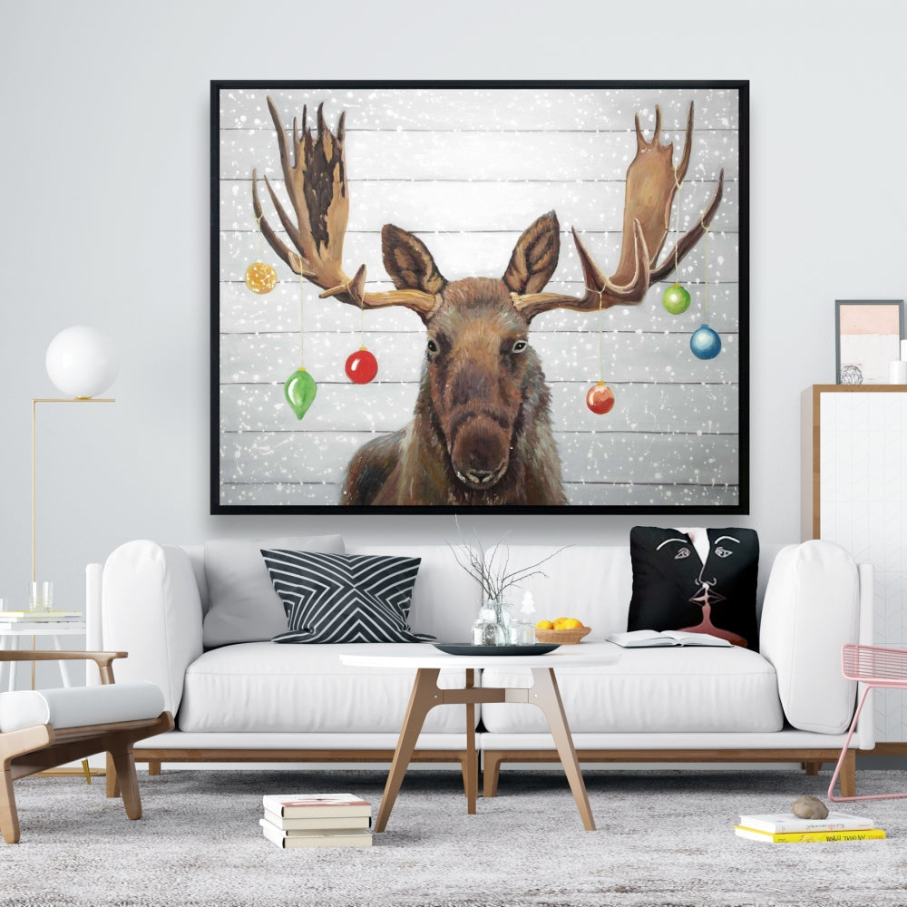 Rustic Moose Christmas Canvas | Brown Frame Home Decor