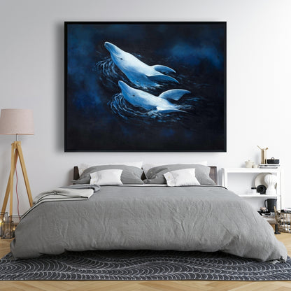 Two Swimming Dolphins Canvas - Blue Aquatic Home Decor Art