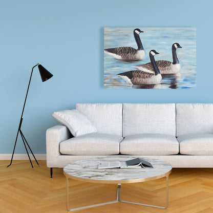 Canada Geese in Water - Blue Canvas Art for Home Decor