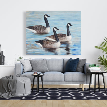 Canada Geese in Water - Blue Canvas Art for Home Decor