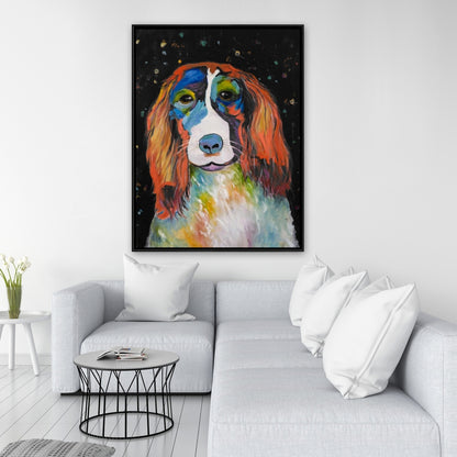 Colorful Dog Canvas - Blue Framed Art for Home Decor