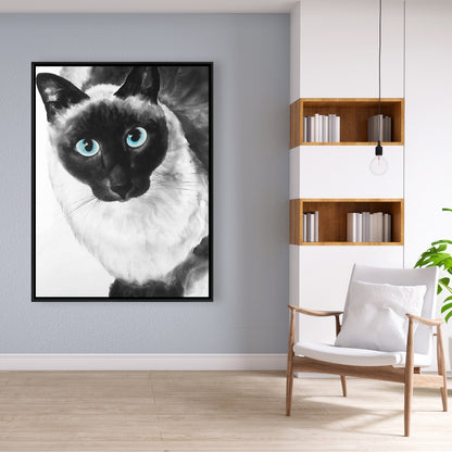 Toile de chat siamois aux yeux bleus - Décoration d'intérieur encadrée blanche