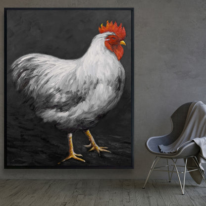 Grey Rooster 2 | White Farm Animals Framed Canvas Decor