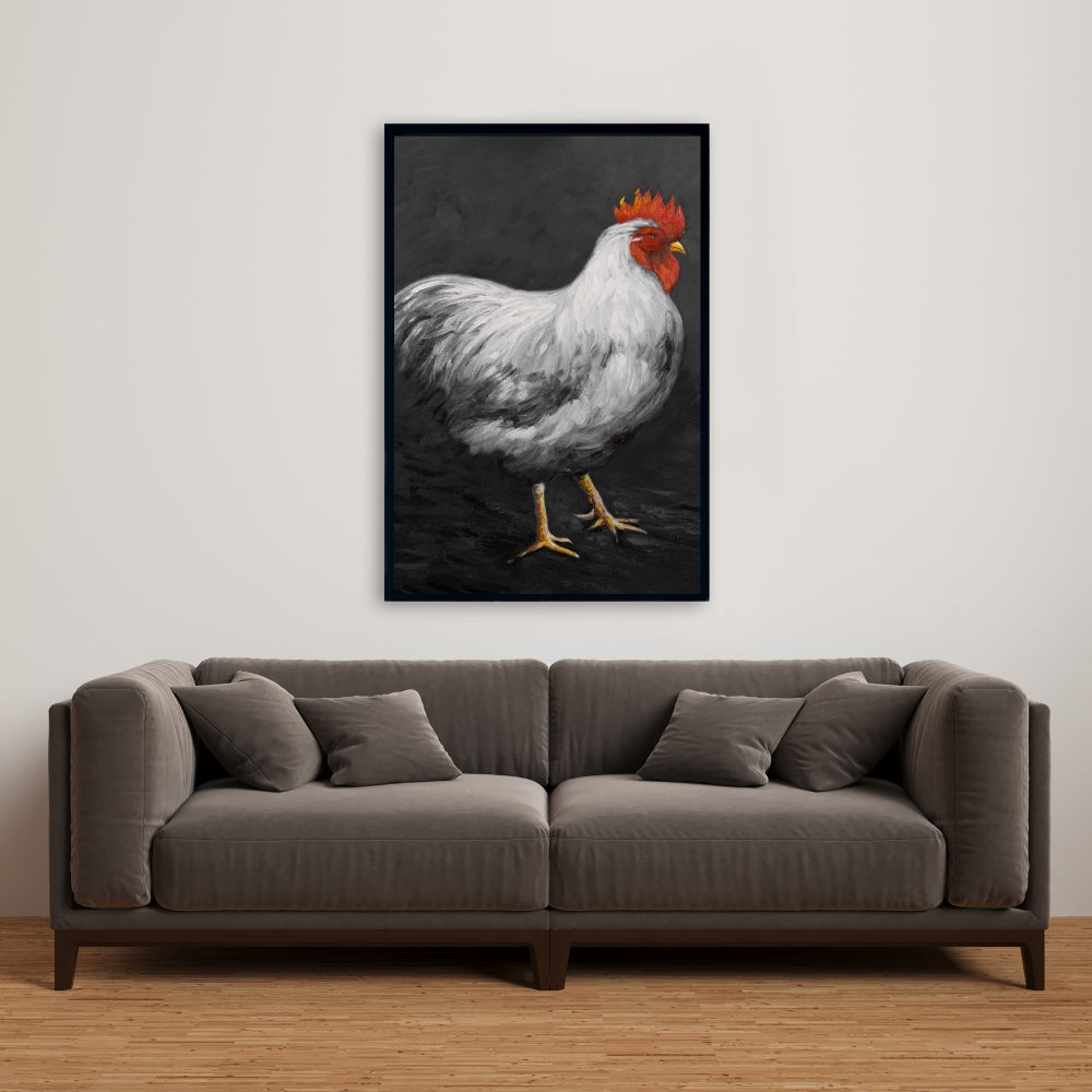 Grey Rooster 2 | White Farm Animals Framed Canvas Decor