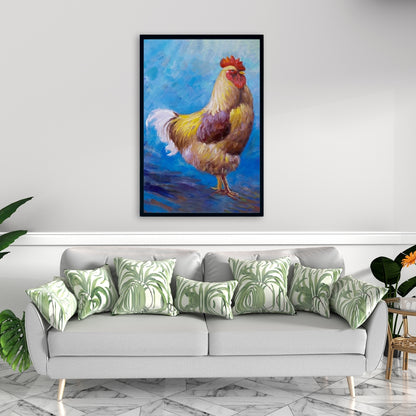Magnifique toile représentant un coq de ferme - Décoration d'intérieur encadrée bleue