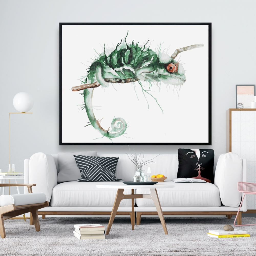 Caméléon à l'affût - Toile décorative encadrée exotique verte