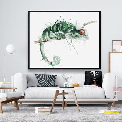 Caméléon à l'affût - Toile décorative encadrée exotique verte