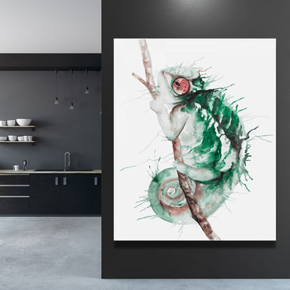 Watercolor Chameleon Canvas - Green Living Room Wall Art