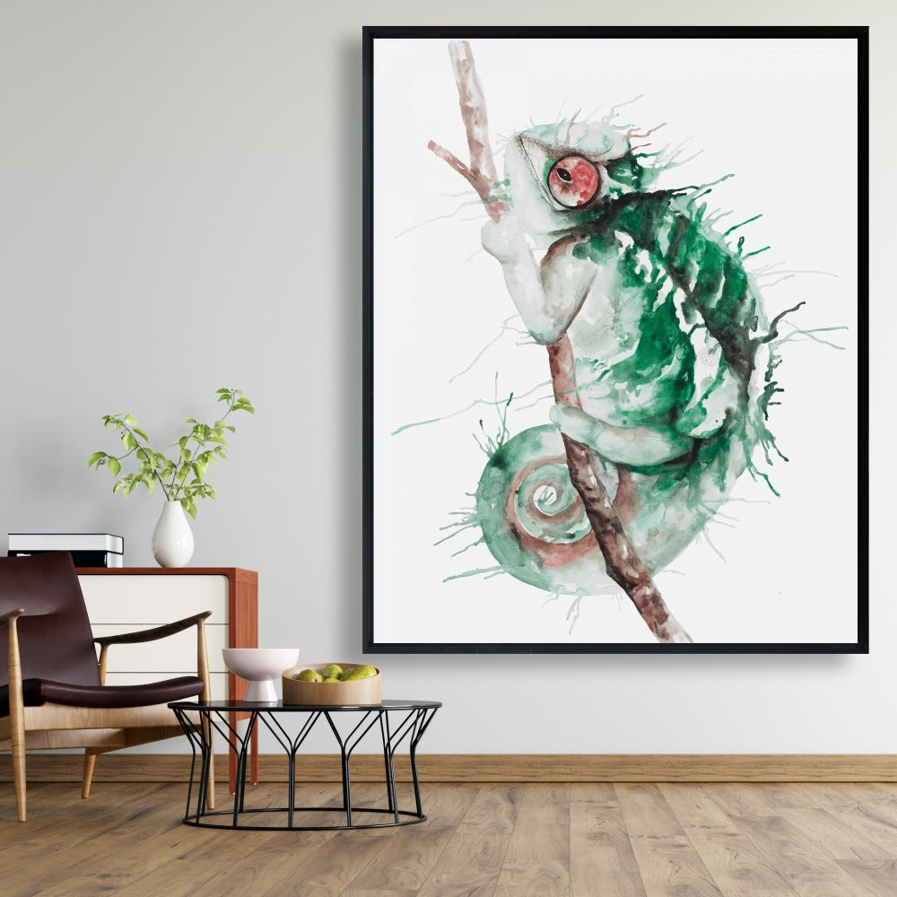 Toile aquarelle exotique caméléon | Décoration de salon verte