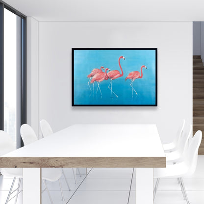 Blue Exotic Bird Canvas | Four Flamingos Framed Home Decor
