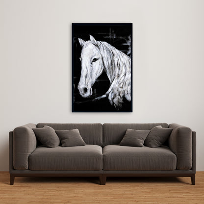 Toile abstraite de profil de cheval | Décoration d'animaux de la ferme | Cadre blanc