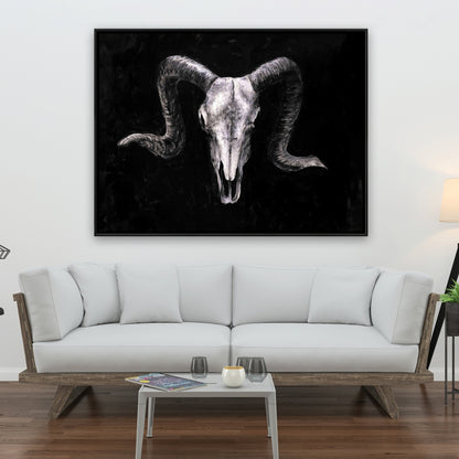 Ram Skull Grunge Canvas | Gray Framed Farm Animal Decor