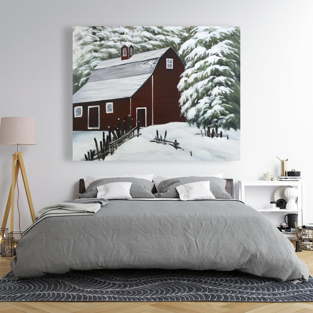Red Barn in Snow - Trees Architecture White Canvas Home Decor