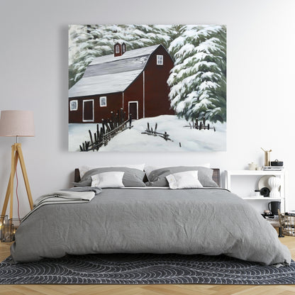 Red Barn in Snow - Trees Architecture White Canvas Home Decor
