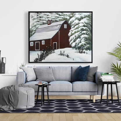 Red Barn in Snow Canvas | White Frame | Living Room Decor
