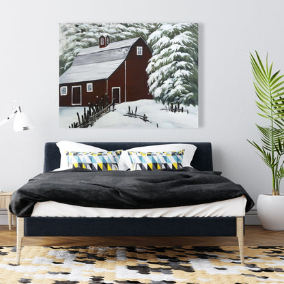 Red Barn in Snow - Trees Architecture White Canvas Home Decor