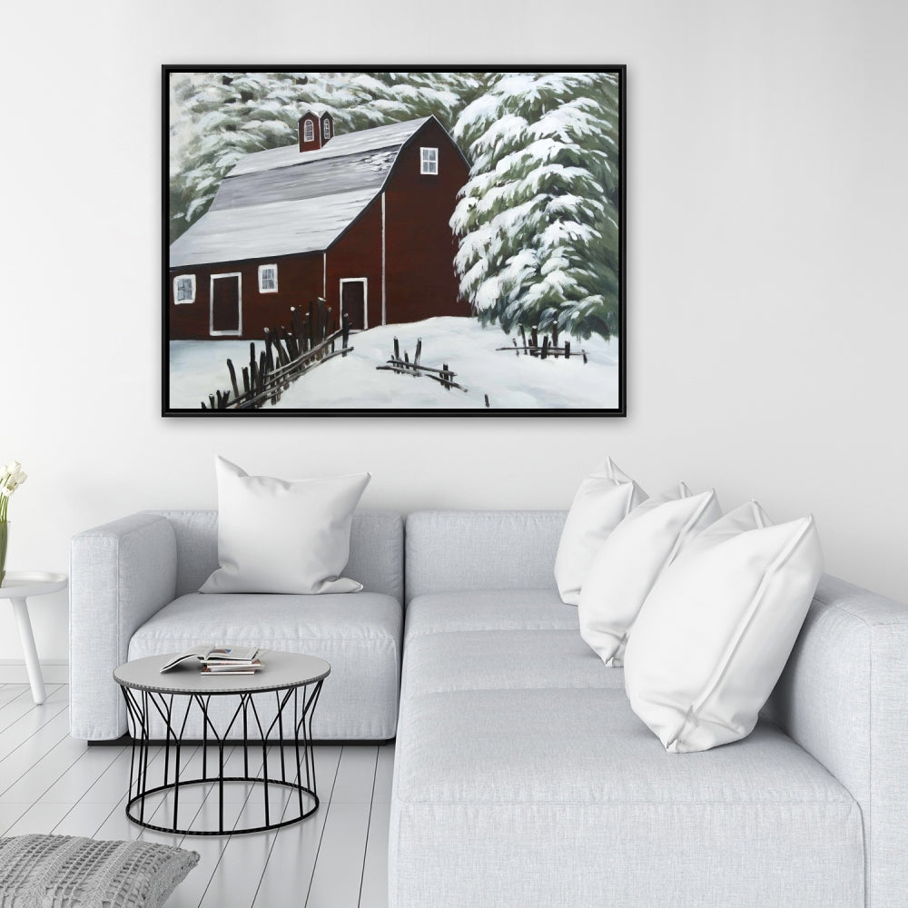 Red Barn in Snow Canvas | White Frame | Living Room Decor