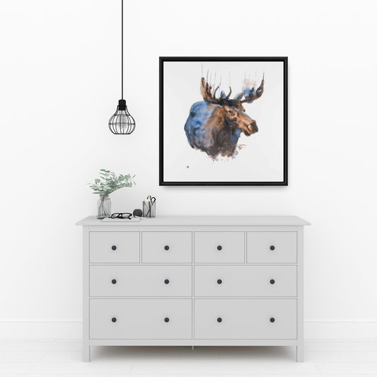 Abstract Blue Moose Canvas - Bedroom Animal Decor | Framed Art