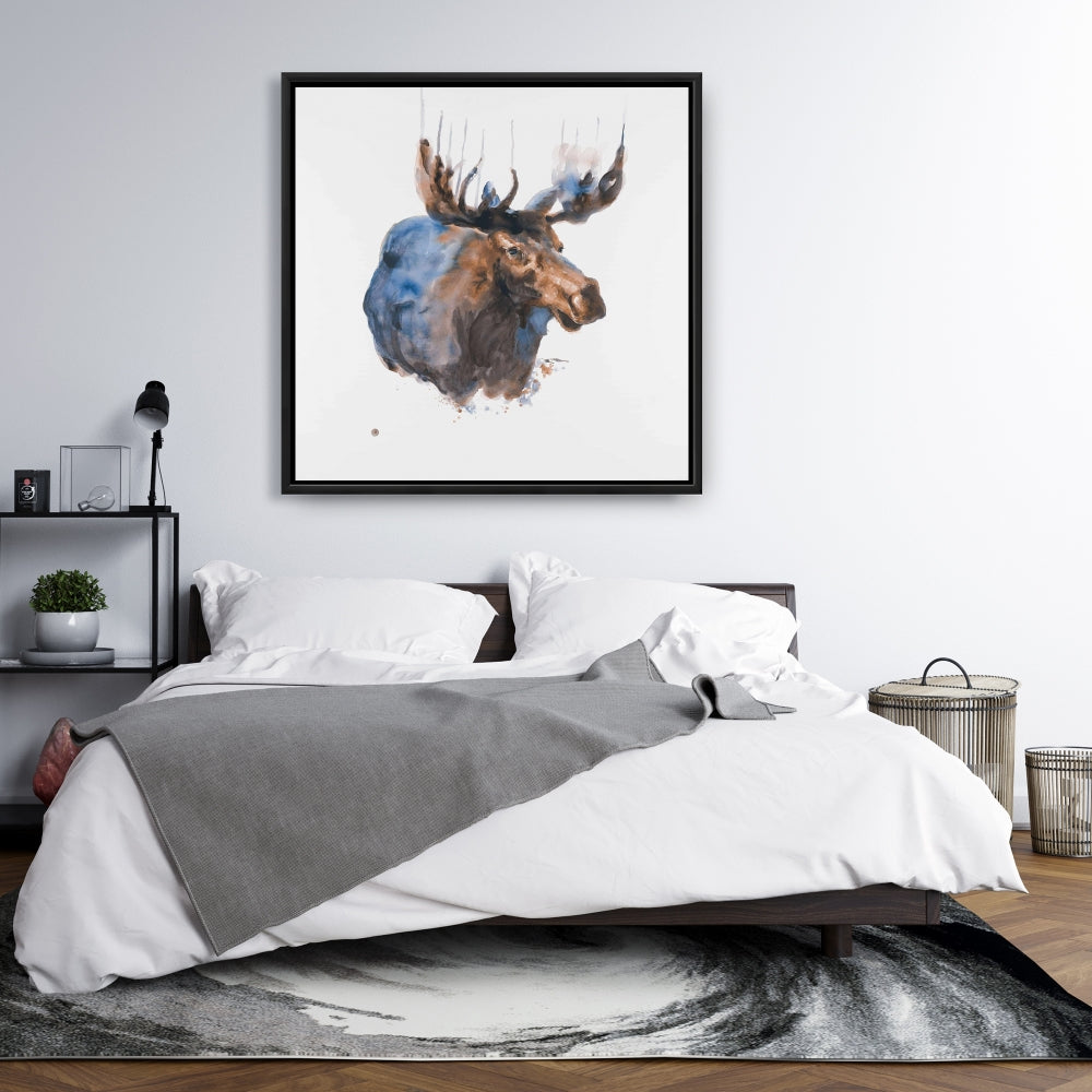 Abstract Blue Moose Canvas - Bedroom Animal Decor | Framed Art