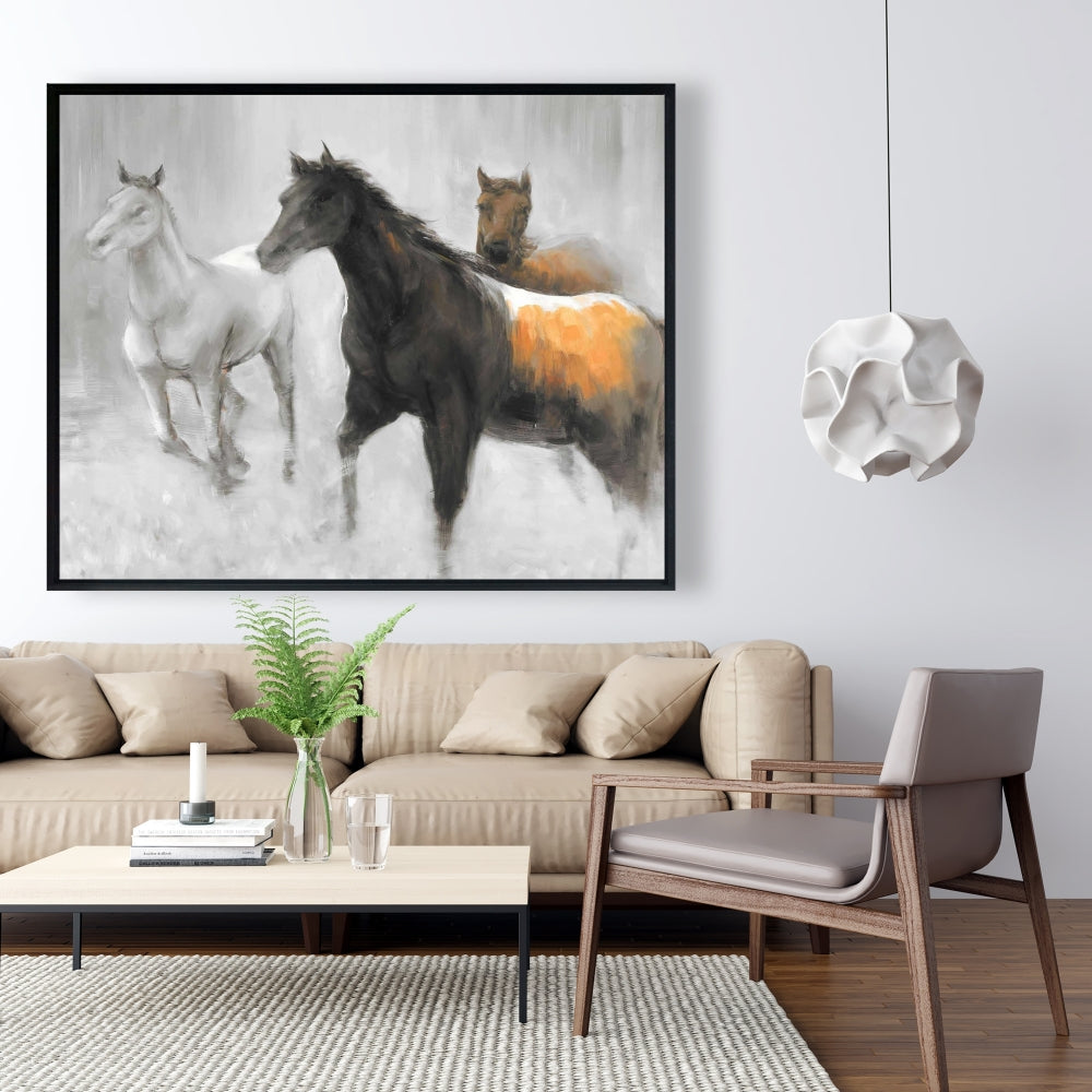 Toile abstraite « Troupeau de chevaux » | Décor d'animaux de la ferme marron