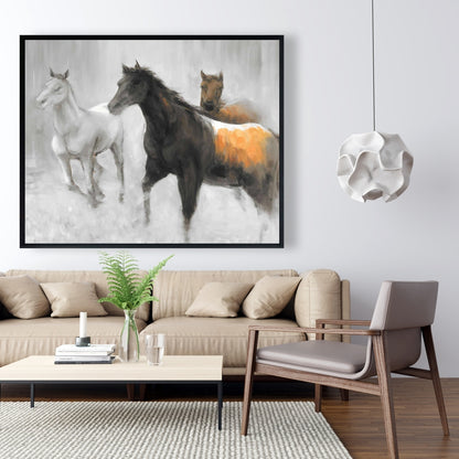 Toile abstraite « Troupeau de chevaux » | Décor d'animaux de la ferme marron