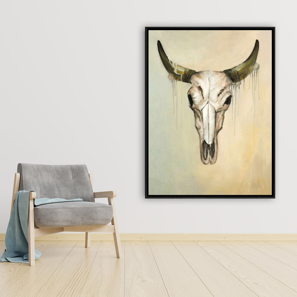 African Bedroom Decor | Brown Framed Bull Skull Canvas