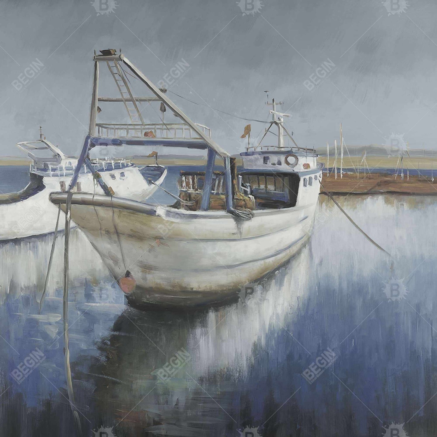 Toile encadrée représentant un bateau de pêche bleu – Décoration côtière marine