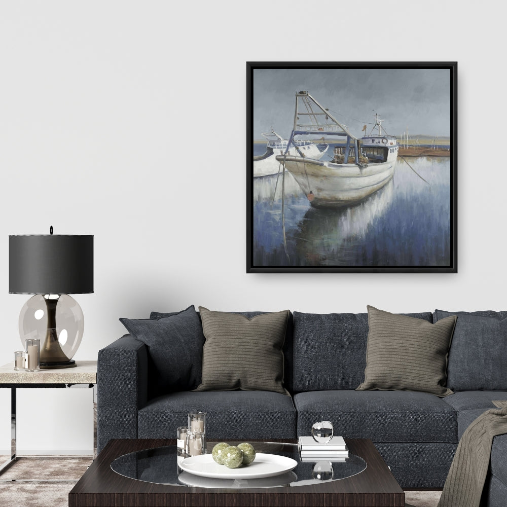 Toile encadrée représentant un bateau de pêche bleu – Décoration côtière marine