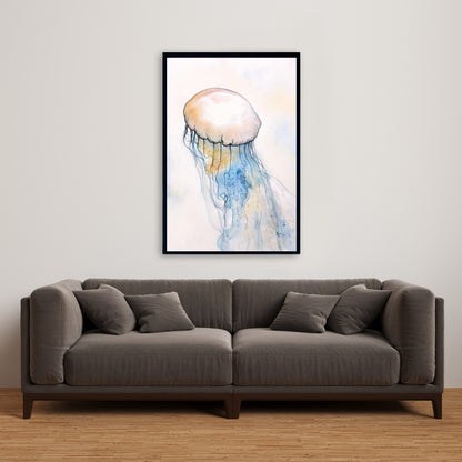 Toile aquarelle méduse - Décor aquatique encadré bleu