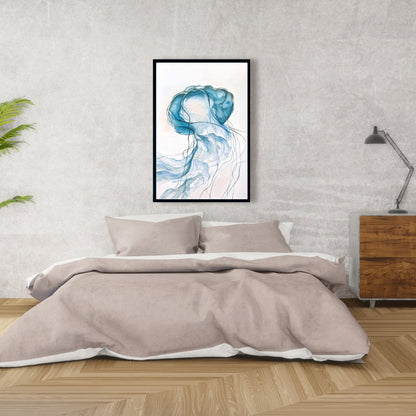 Toile encadrée bleue représentant une méduse en mouvement | Décoration de chambre animalière