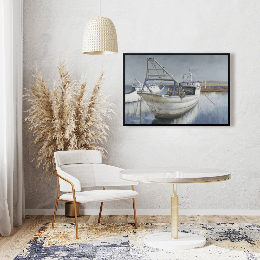 Toile encadrée représentant un bateau de pêche bleu – Décoration côtière marine