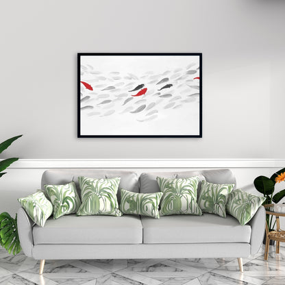 Swimming Fish Wave Asian Gray Framed Canvas | Home Decor