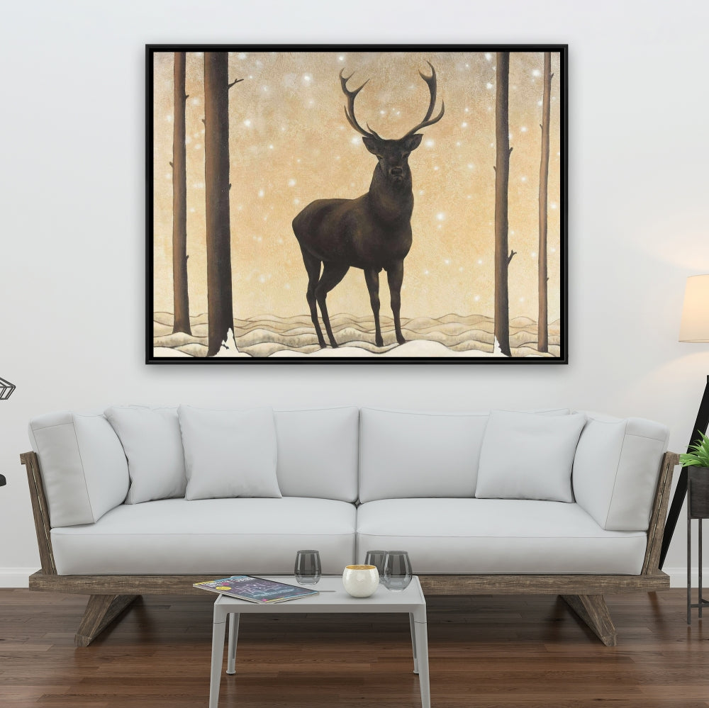 Roe Deer in Winter Canvas - Rustic Brown Framed Home Decor