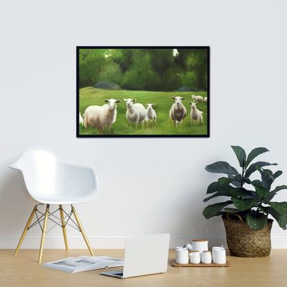 Fields of Sheep Framed Canvas - Farm Animals Home Decor Art