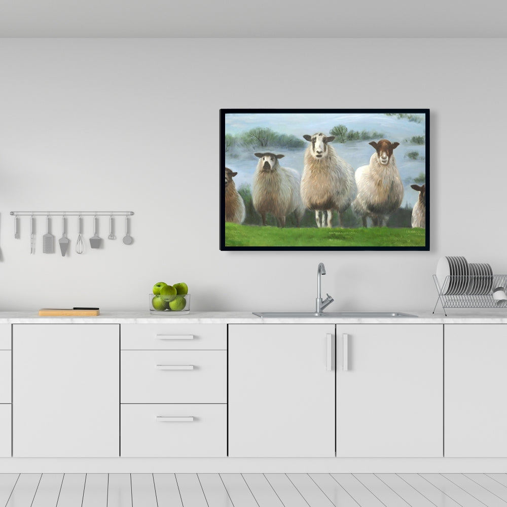 Rustic White Framed Canvas - Flock of Sheep Home Decor