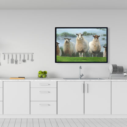 Rustic White Framed Canvas - Flock of Sheep Home Decor