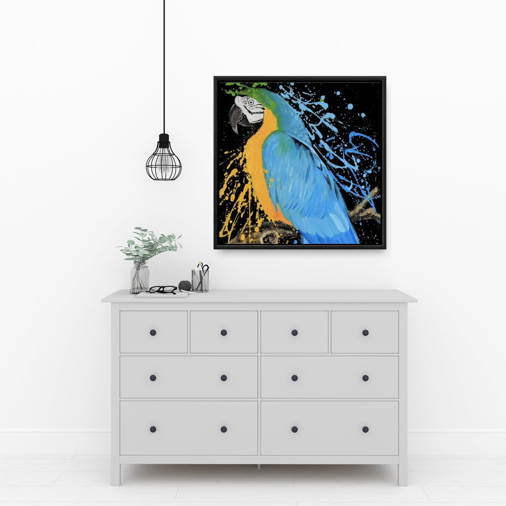 Blue Macaw Parrot Canvas - Bird Bedroom Decor | Blue Framed