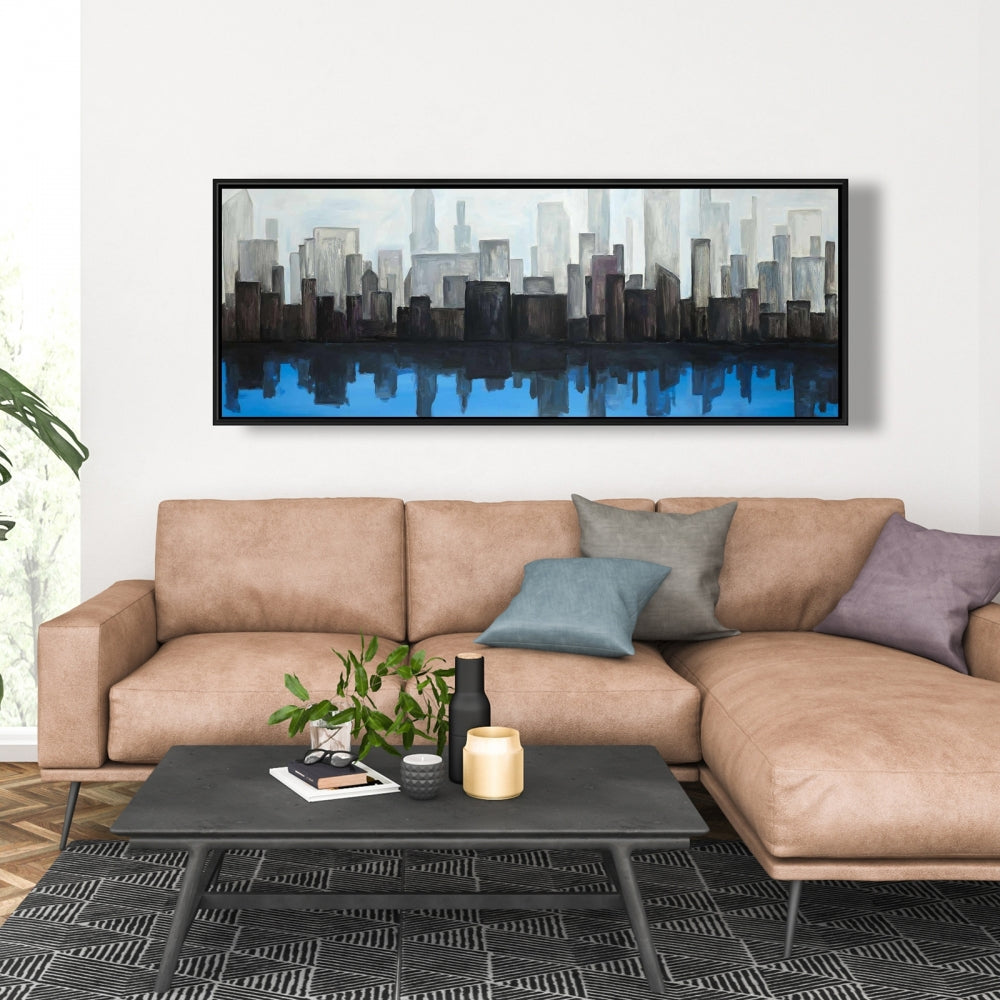 Toile « Vue sur la ville bleue » | Décoration murale contemporaine encadrée